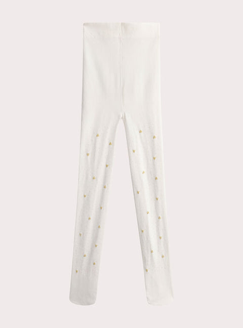 Fancy Cream Tights With Gold Heart Pattern