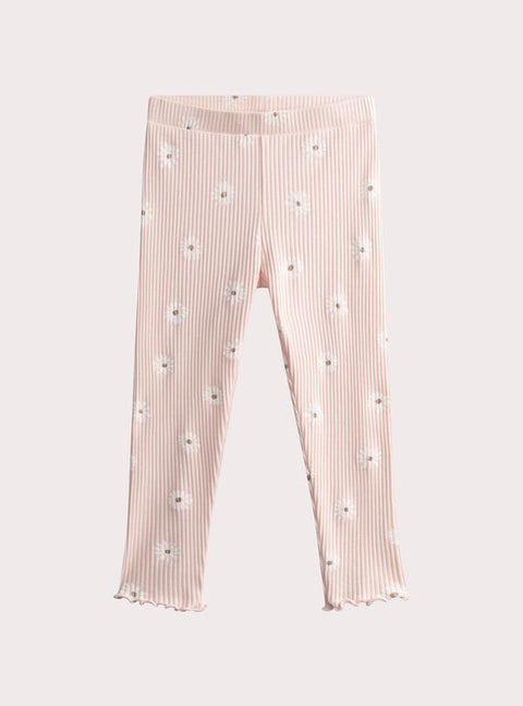 Ribbed Pink Daisy Print Cotton Leggings