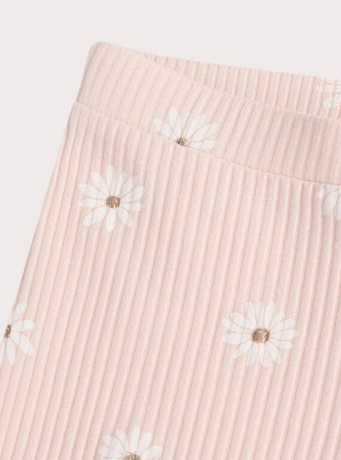 Ribbed Pink Daisy Print Cotton Leggings