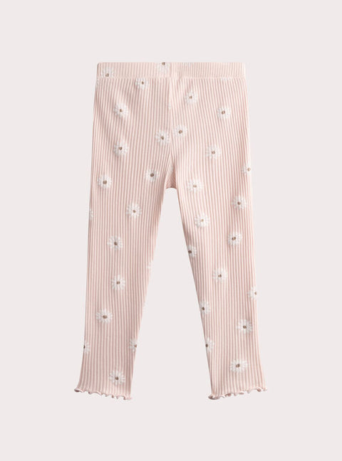 Ribbed Pink Daisy Print Cotton Leggings