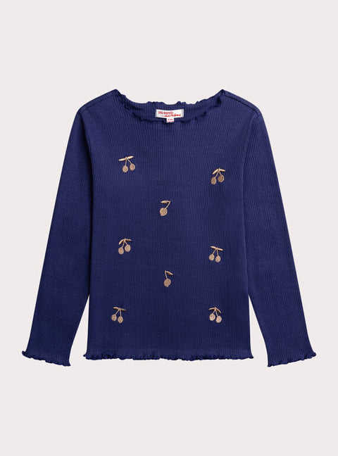 Blue Cherry Print Cotton T-shirt