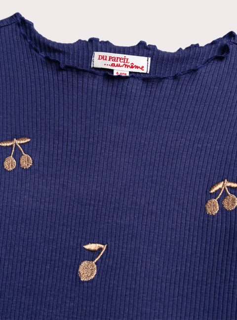 Blue Cherry Print Cotton T-shirt