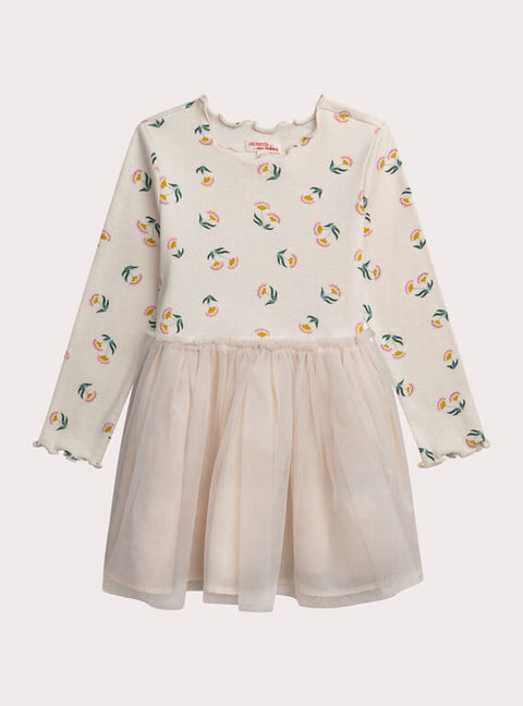 Cream Printed Jersey Dress With Tulle Skirt