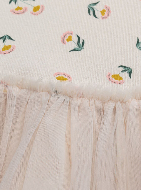 Cream Printed Jersey Dress With Tulle Skirt