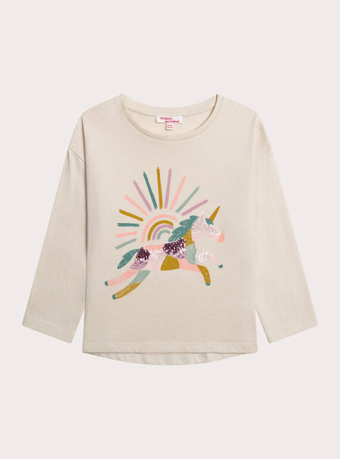 Sequinned Cream Unicorn Print Cotton T-shirt