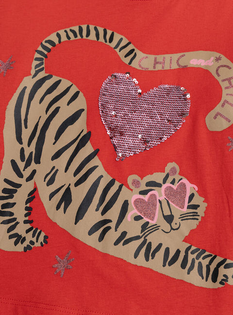 Red Tiger Print & Sequin Heart Cotton T-shirt