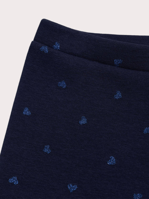 Navy Glitter Heart Print Fleece Lined Leggings