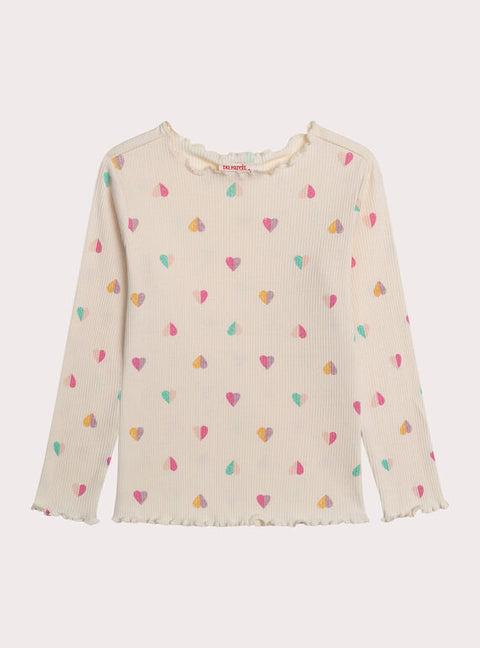 Cream Heart Print Cotton T-shirt