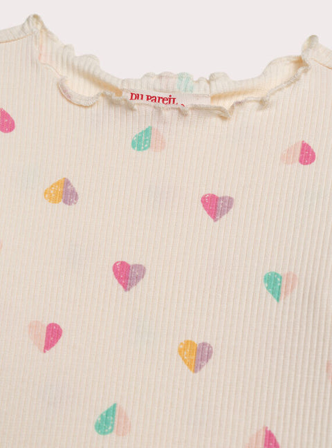 Cream Heart Print Cotton T-shirt