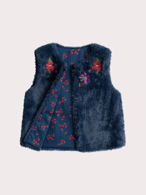 Reversible Navy Embroidered Faux Fur Gilet