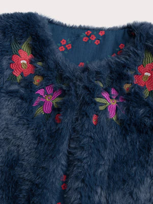 Reversible Navy Embroidered Faux Fur Gilet