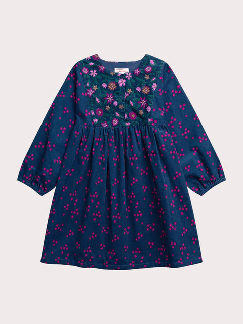 Navy Floral Print Corduroy Dress