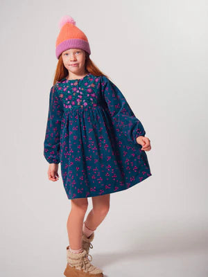 Navy Floral Print Corduroy Dress