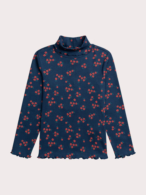 Blue Floral Print Cotton Polo Neck