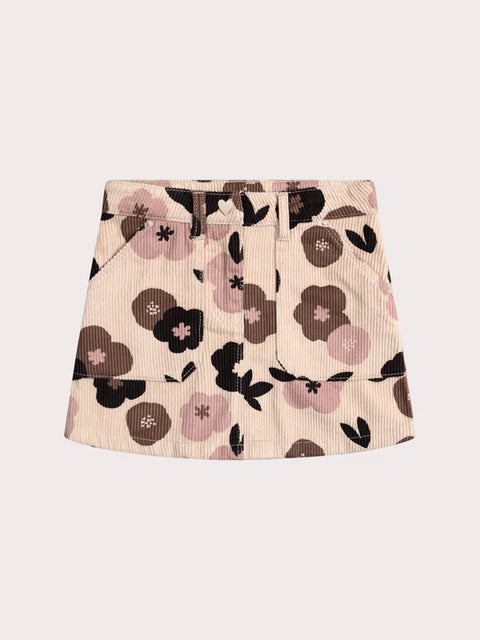 Cream Floral Print Corduroy Skirt
