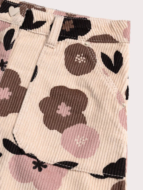 Cream Floral Print Corduroy Skirt