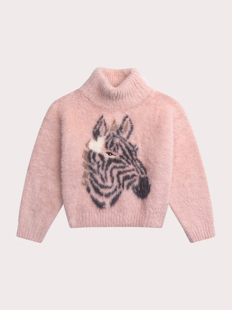 Pink Feather Knit Zebra Animation Jumper