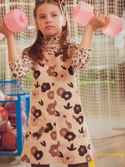 Cream Floral Print Corduroy Pinafore Dress