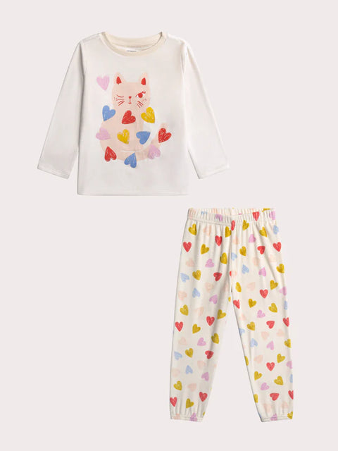 Cream Heart Print Velour Pyjamas