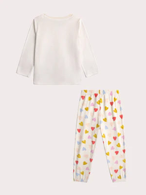 Cream Heart Print Velour Pyjamas