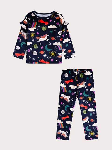 Navy Unicorn Print Velour Pyjamas