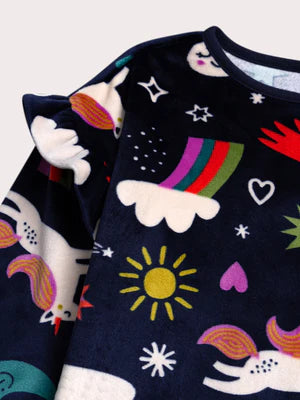 Navy Unicorn Print Velour Pyjamas