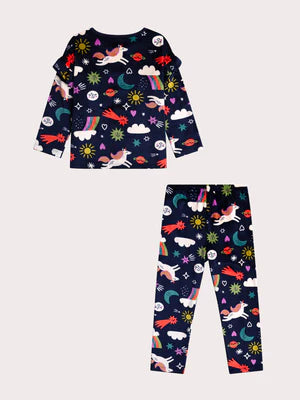 Navy Unicorn Print Velour Pyjamas