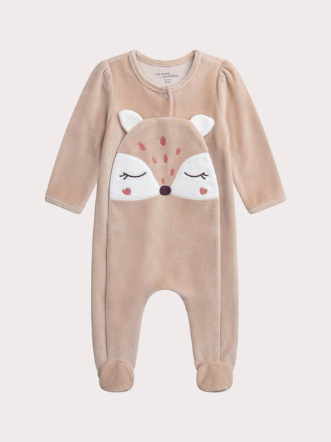 Beige Deer Animation Velour Sleepsuit