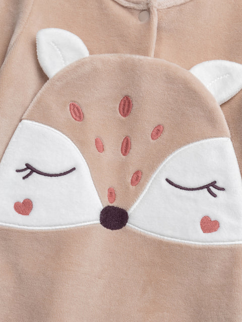 Beige Deer Animation Velour Sleepsuit