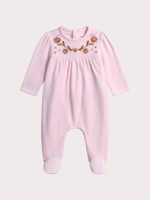 Pink Floral Embroidered Velour Sleepsuit