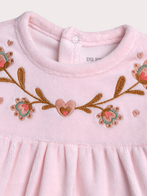 Pink Floral Embroidered Velour Sleepsuit
