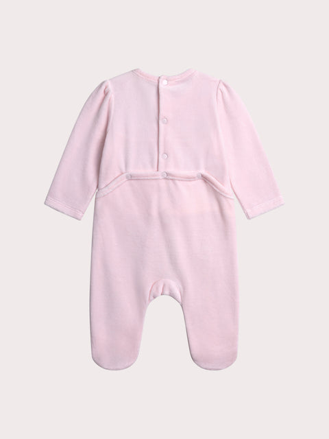 Pink Floral Embroidered Velour Sleepsuit
