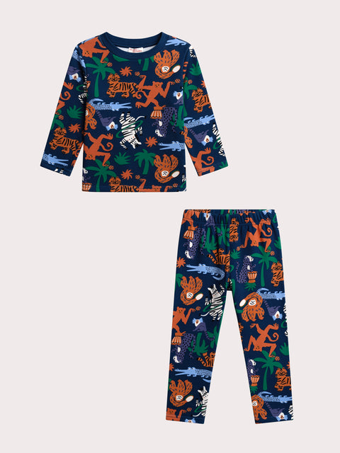 Navy Jungle Animal Print Velour Pyjamas