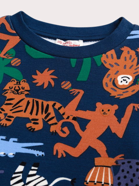 Navy Jungle Animal Print Velour Pyjamas