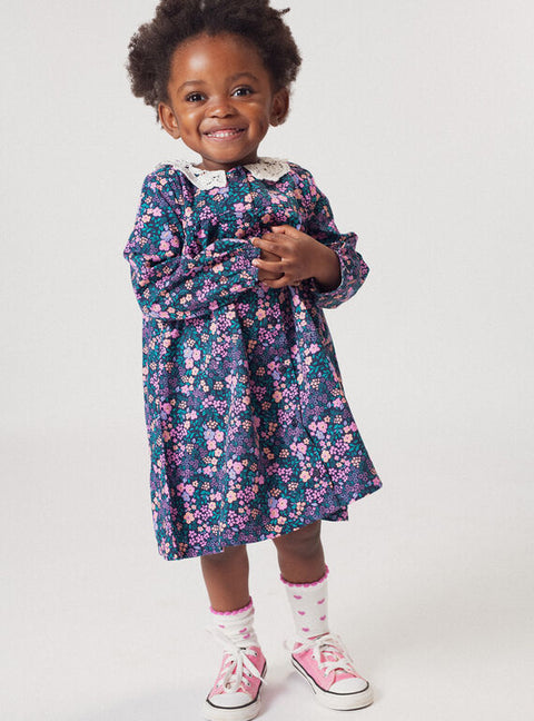 Blue Floral Print Cotton Dress With Embroidered Collar