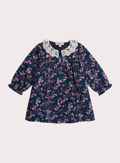 Blue Floral Print Cotton Dress With Embroidered Collar