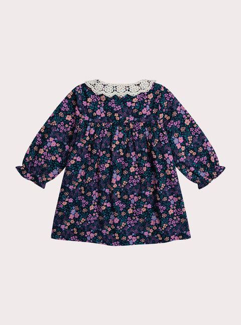 Blue Floral Print Cotton Dress With Embroidered Collar