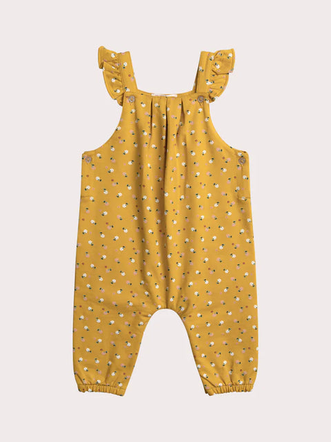 Lined Yellow Floral Print Cotton Dungarees