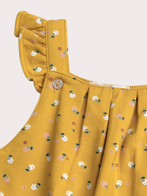 Lined Yellow Floral Print Cotton Dungarees