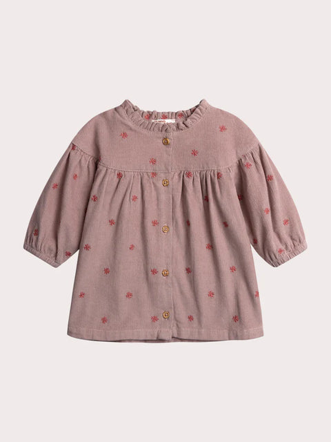 Lined Pink Embroidered Corduroy Dress