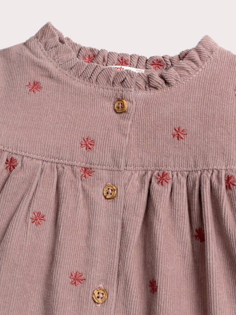Lined Pink Embroidered Corduroy Dress