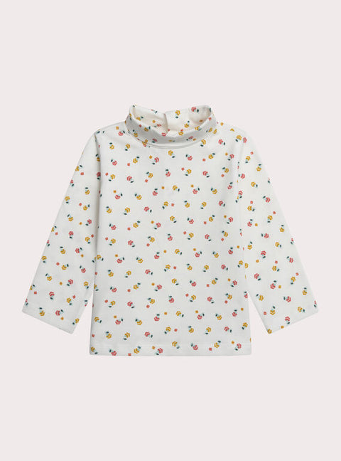 Cream Floral Print Cotton Polo Neck