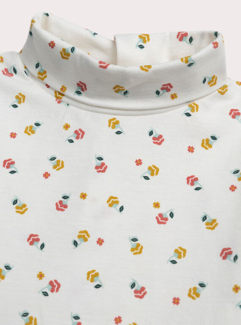 Cream Floral Print Cotton Polo Neck