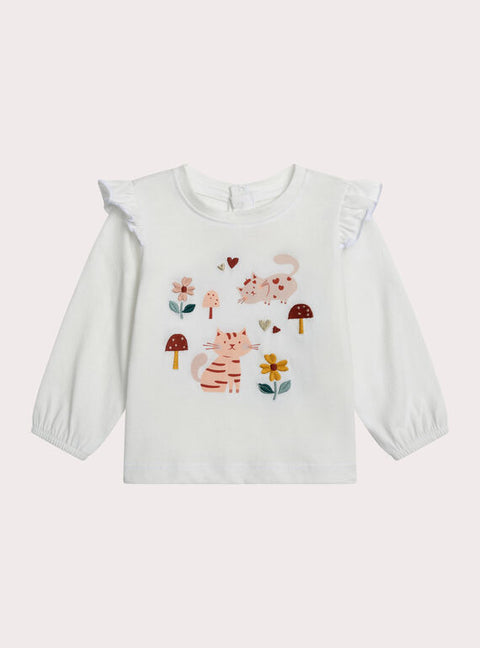 Cream Cat Print Cotton T-shirt