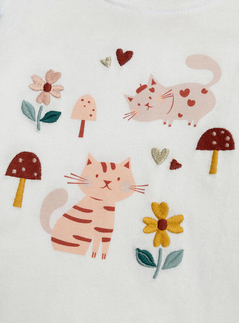Cream Cat Print Cotton T-shirt