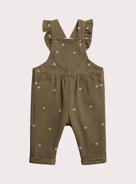 Embroidered Khaki Green Cotton Dungarees