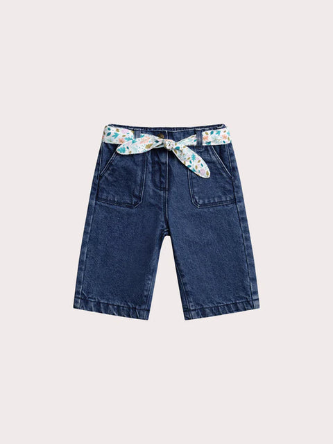 Lined Denim Jeans With Floral Print Fabric Belt