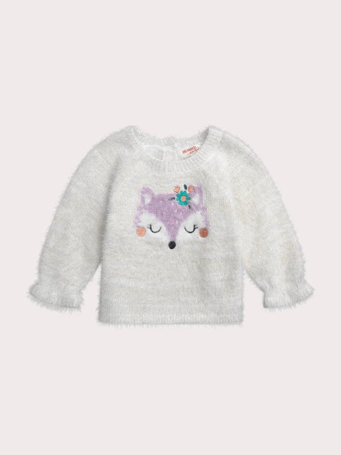 Cream Feather Knit Jumper With Fox Animation