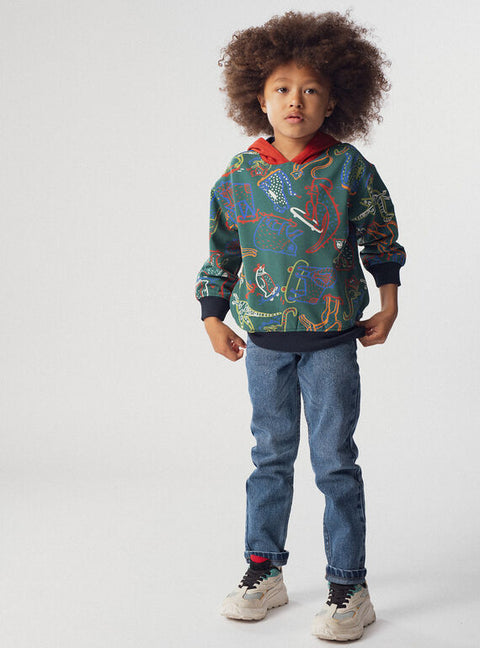 Green Printed Cotton Fleece Hoodie