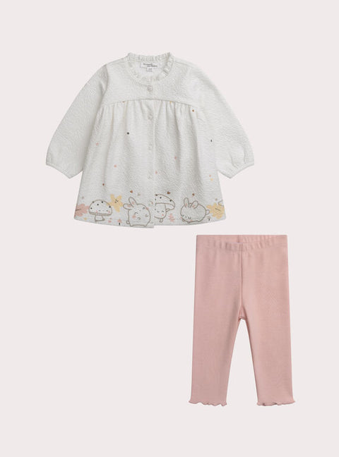 Newborn Printed White Cotton Dress With Matching Pink Leggings